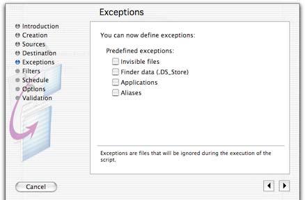 Chapter 6 Using Backup Scripts Exceptions This screen lets you define exceptions, files that Intego Personal Backup X ignores when running scripts.