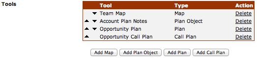 5. Click Update. Adding Tools Tools are added from the Item Detail page. Maps, Plan Objects, Plans, and Call Plans are linked to item types by a spanner/wrench icon ( ). 1.