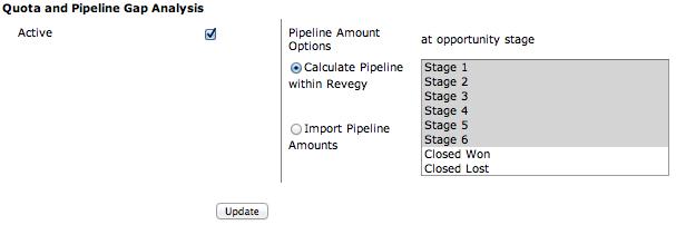Active Calculate Pipeline within Revegy at opportunity stage Import Pipeline Amounts Select to enable the Quota and Pipeline Gap Analysis Report.