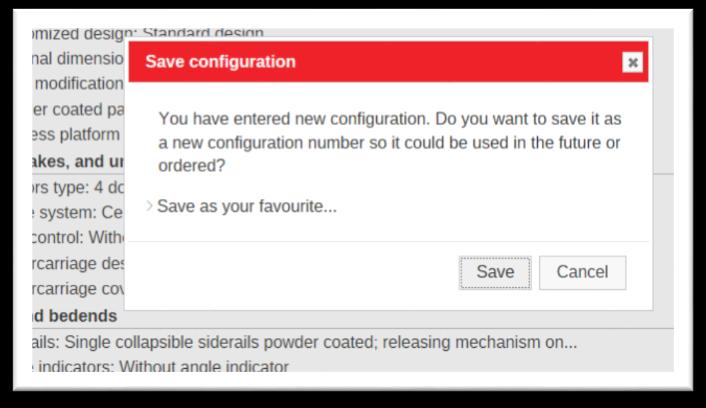 Configurator home page. At this stage you may already save the model number under your customized name as your favorite.