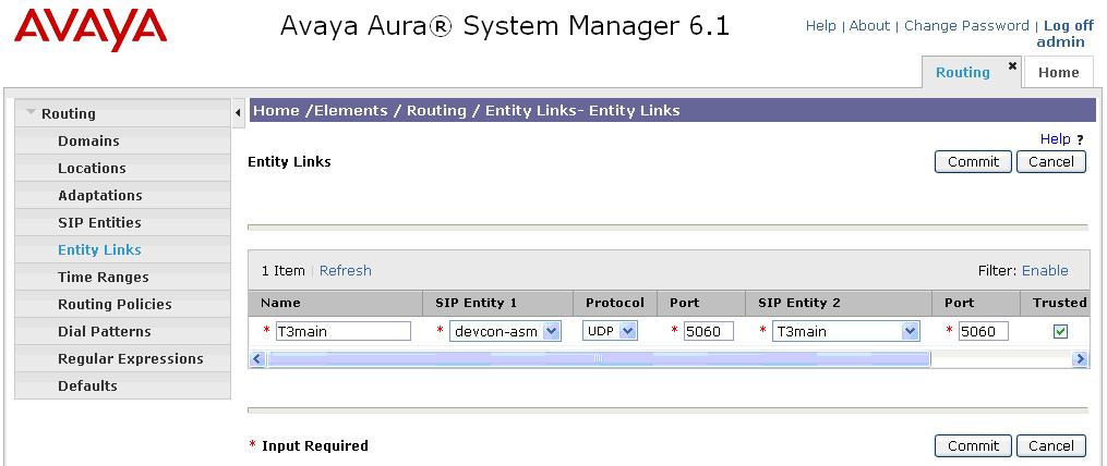 6.4.2. T3main The SIP trunk from Session Manager to T3main is described by an Entity link. To add an Entity Link, select Entity Links on the left and click on the New button (not shown) on the right.