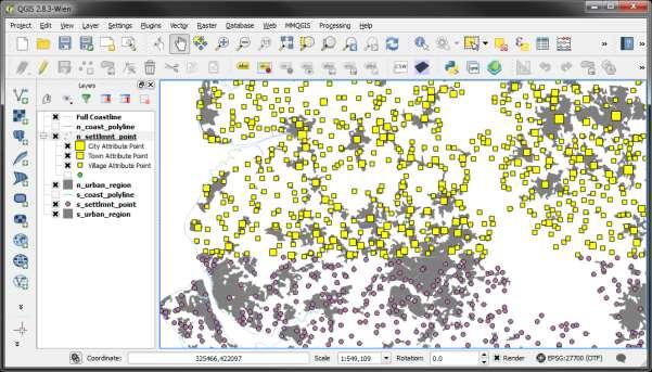 Using Spatial Data in a Desktop GIS; QGIS 2.8 Practical 2 10. Repeat this process for the Town and Village Attribute Points but decrease the Size to 3 and then 2.