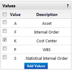 ACCOUNT ASSIGNMENT CATEGORY Select Create New Value. Values selection menu appears. STEP : Make selections according to your funding type.