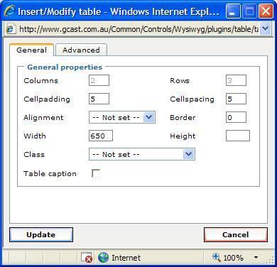 Editing Table Properties 1. Right-click anywhere in the template and select the Table Properties option. The Insert/Modify Table window will appear. 2.