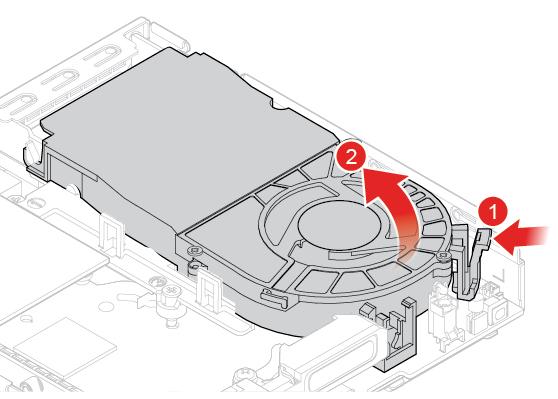 Figure 46. Removing the system fan Figure 47. Installing the system fan 6. Connect the system fan cable to the system fan connector on the system board. 7. Complete the replacement.