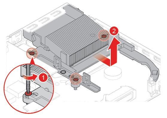 4. Remove the system fan. See Replacing the system fan on page 33. 5. Replace the heat sink. Figure 48. Removing the heat sink Figure 49. Installing the heat sink 6. Complete the replacement.