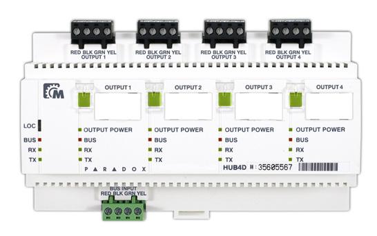 ) Compatible with EVO, Spectra SP, MG5000, and MG5050 HUB4D 4-Port Hub and Bus Isolator Module Divides the bus into 4 completely isolated outputs 1 input port, 4 isolated output ports Each output