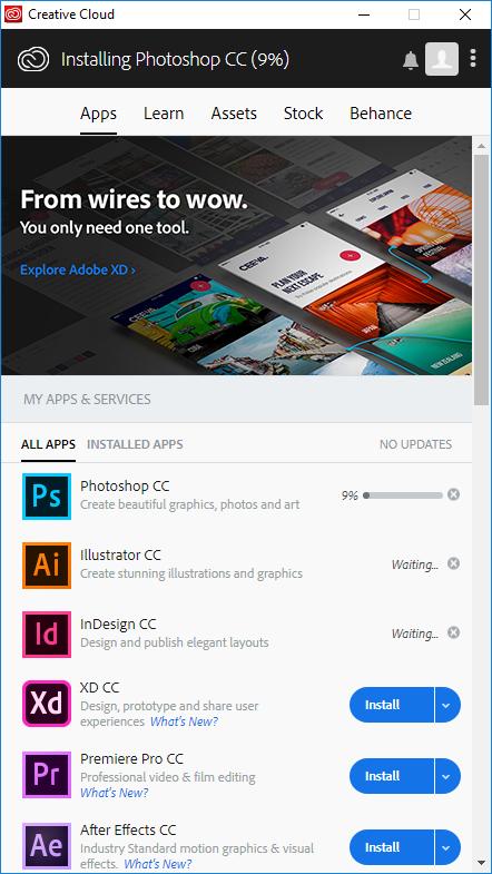 14. The Adobe Creative Cloud application is shown here. This application updates itself automatically. Update progress is displayed at the top of the window.