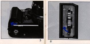 5V Alkaline batteries (SR-44, A-76) or equivalent (G-13, LR-44, MS-76) in the battery chamber with the negative (-) side facing downwards (Fig. 3). Carefully insert the batteries into the camera body.