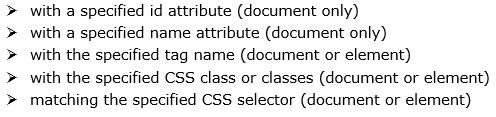 16.2 SELECTING DOCUMENT ELEMENTS 238 To manipulate elements of the document obtain or select the Element objects that refer to document elements DOM defines a number of ways to select elements:
