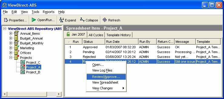 Reviewing and Approving Spreadsheets Reviewing and Approving Runs ViewDirect-ABS enables users to select the latest version of a spreadsheet, open the Review/Approve dialog box, and leave a message