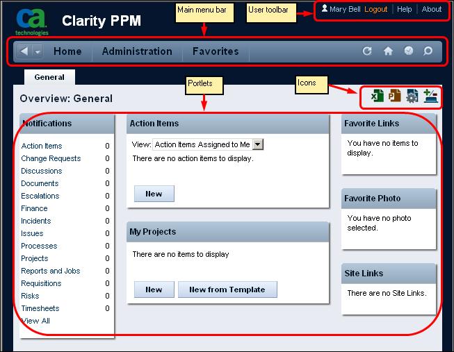 Quick Tour of CA Clarity PPM The following graphic shows the default home page and its main components.
