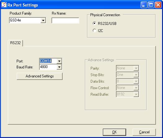 Main Tool Bar Select the Receiver Settings button Or the Connect button Rx Port Settings Select the GSD4e Product Family, RS232/USB, and the Correct COM Port.