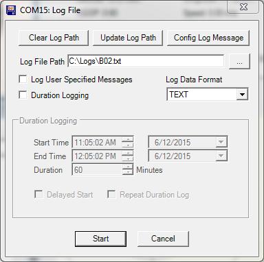 Enter the desired log file path and filename in the Log File Path box, as shown below, then click Start to begin logging.