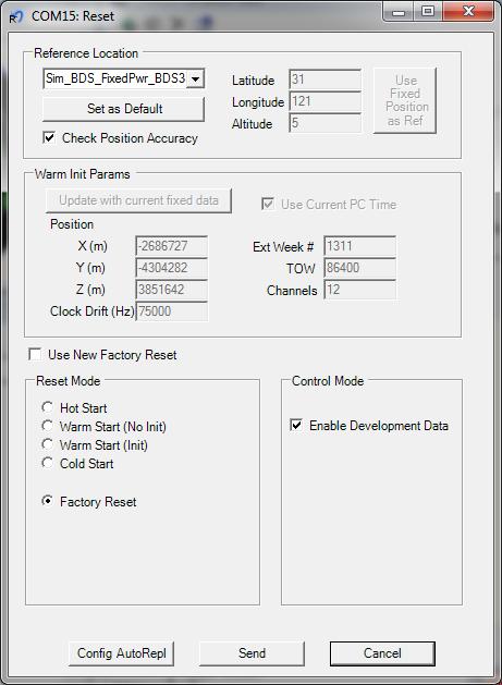 6.4.1. Reset commands (Tool Bar icon) Select from the Menu Bar Receiver, Command, Reset or click the Reset icon on the Tool Bar. Resets are used to measure the TTFF of the receiver.