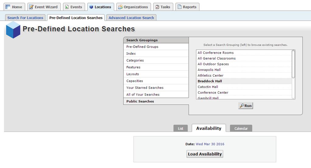 Another way to search for a space is to use the Pre-Defined Location Searches tab.