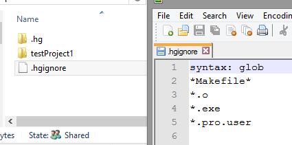 Note that the.hgignore is just a plain text file - you can edit it by hand with a text editor. Close the ignore dialog.