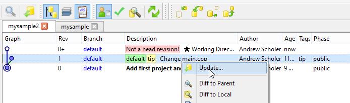 It will show up as a new branch. The "Not a head revision" on the main branch means that any changes you have made in mysample2 are not checked in. Right click on the new branch and Update to it.