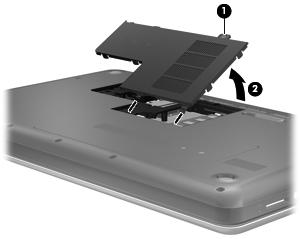 2. Lift the rear edge of the memory module/wireless module compartment cover (2) up and forward until it rests at an angle. 3. Remove the memory module/wireless module compartment cover.