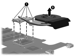 NOTE: The following illustration shows the fan/heat sink assembly removal process on a computer model equipped with an Intel processor, the Intel HM65 or HM55 chipset, and a graphics subsystem with