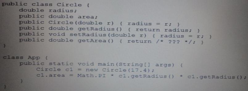 This class is poorly encapsulated. You need to change the circle class to compute and return the area instead.