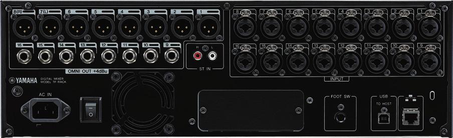 Rear Panel Features The 3U size, rack-mount form digital mixer Input channels: 32 mono, 2 stereo, 2 return. Busses: 20 Aux (8 mono, 6 stereo), Stereo, Sub, 4 matrix.
