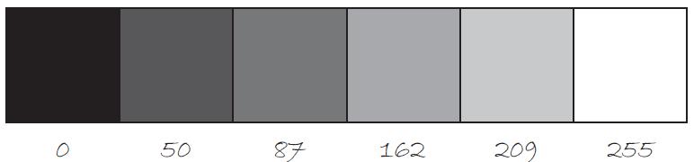 Grayscale colors In Processing, color is defined with a range of numbers. Simplest case: black, white or grayscale. black white Specific colors can be used for setting any designed shape.