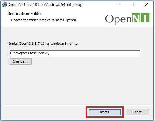 Step 3 Click Install to setup OpenNI 1.5.