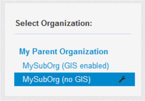 NOTE: When more than one organization is listed, Select Organization is shown above the organization names instead of Current Organization because you have the option of selecting an organization and