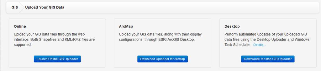 GIS data can be integrated with Pictometry Connect by uploading shapefiles or KML/KMZ files with the Online GIS Uploader, uploading any GIS data via the ESRI ArcMap Add-in, publishing via WFS (Web