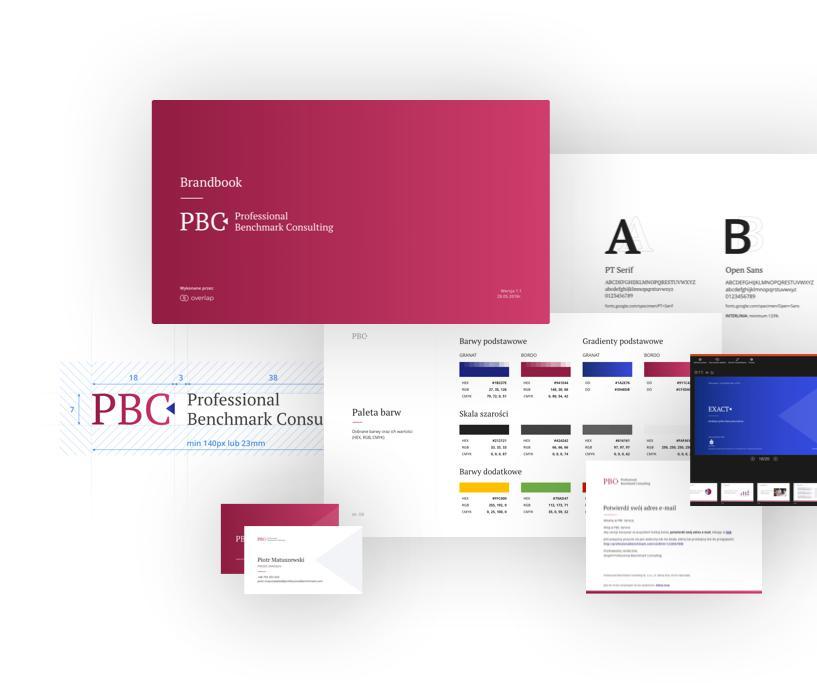 Visual identity When creating the new look concept for Professional Benchmark Consulting, we focused on simplicity, limited color palette and bright guiding elements referring to the