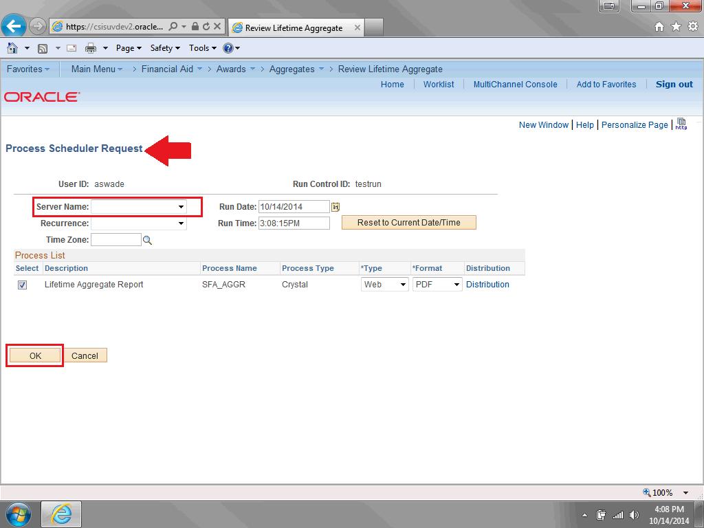 10. On the Process Scheduler Request page, select the Server Name.