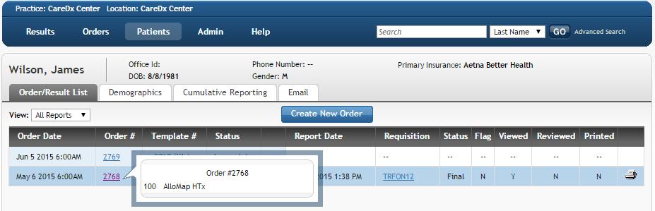Similarly, place the cursor over the Report Date or Requisition Number, shown in red circles above, and click once to quickly view brief order details (see above) or