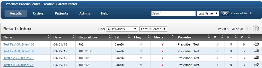 a pop-up or bubble box. Test names in red and with a red exclamation point indicate a custom alert.