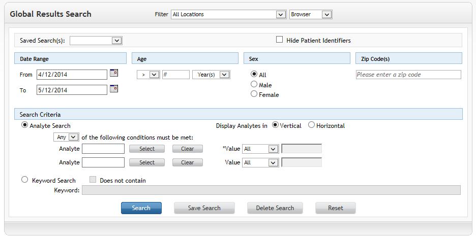 Global Results Search On this screen, you may search for specifically defined results from your entire patient population.