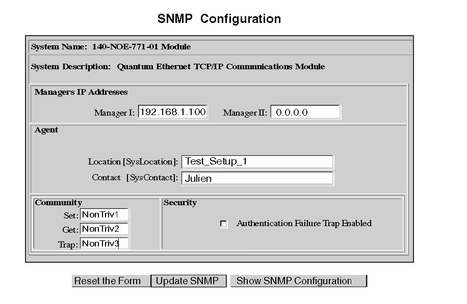 Embedded Web Pages SNMP Configuration Overview This topic describes SNMP configuration for the Quantum Ethernet module through the SNMP Configuration page.