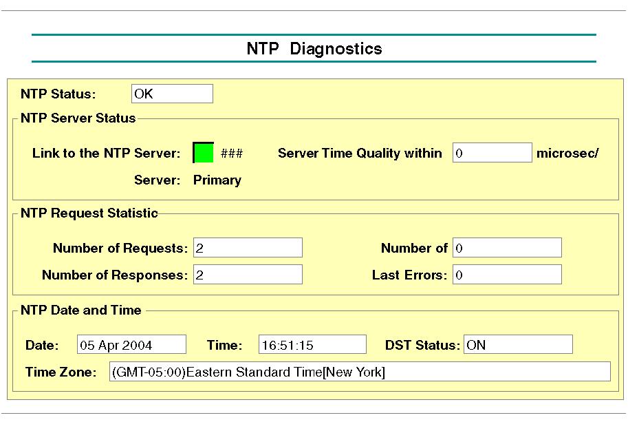 Embedded Web Pages NTP Diagnostics Page NTP Diagnostic Dialog Time synchronization service parameters are in the table: Parameter NTP status NTP server status NTP requests NTP responses Number of