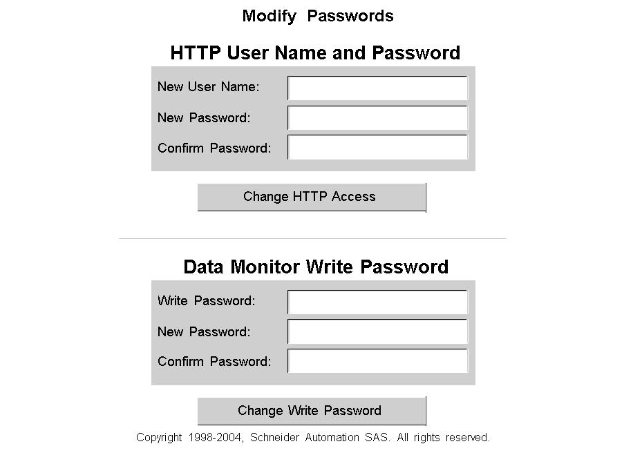 Product Description Modify Passwords Page A single web page is used to modify both the HTTP and Data Monitor Write passwords: Changing Security Access Parameters A system administrator should change