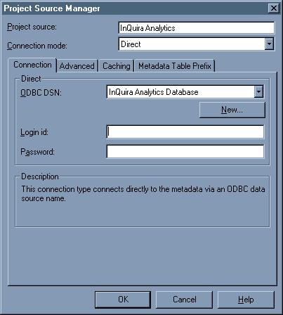 The Project Source Manager screen displays. Enter a new project source name in the Project Source field. Select Direct Connection mode. Select InQuira Analytics Database as the ODBC DSN.