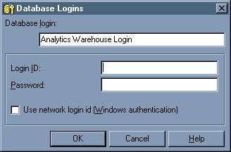 The Database Logins screen displays. Fill in the Login ID and password created for the InQuira IM OLTP Database. Select OK.