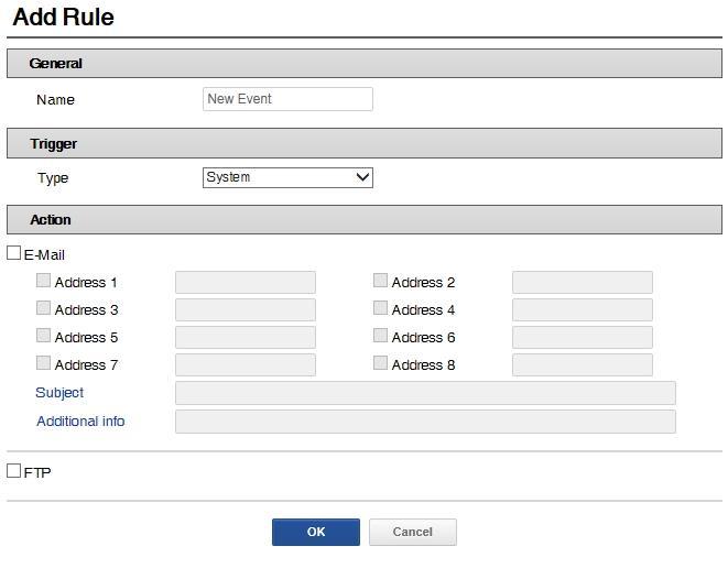 Add Rule Event Map page provides how to configure the event action if there is event triggering such as Alarm-In and Manual trigger. General: Enter the user favorite event name.