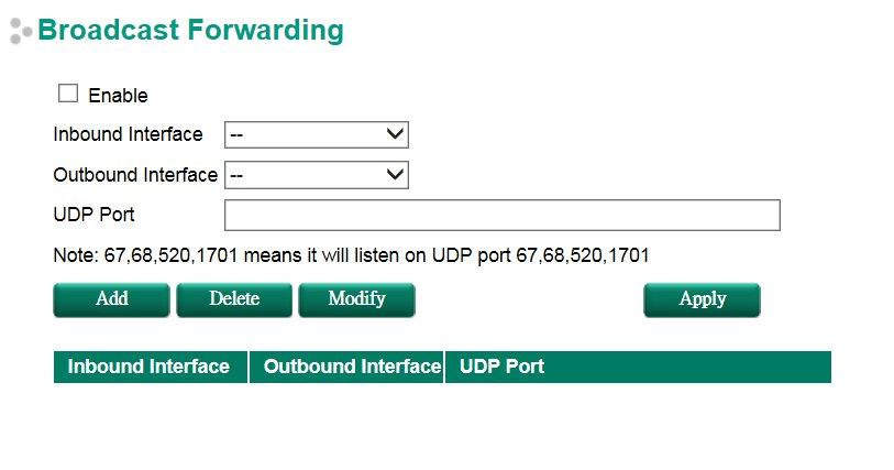 Routing Broadcast Forwarding (EDR-810 only) In some scenarios, users have to issue broadcast packets to query all the devices in the network for data collecting, such as Modbus devices.