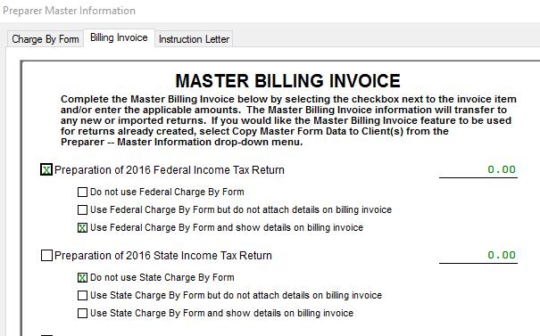 A dialogue box with the following tabs appears: Charge By Form Billing Invoice Instruction Letter Charge by Form Tab This feature allows you to set default billing rates by form.