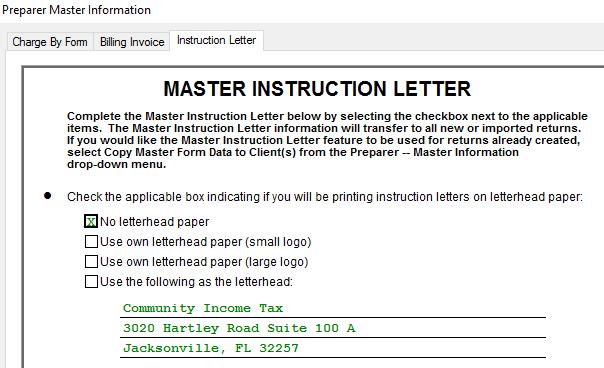 Master Instruction Letter Tab From here, you can set preferences for the formatting and content of your filing instruction letters, including: Letterhead Date parameters How to refer to your practice