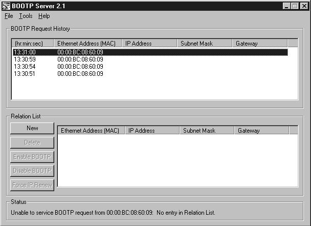 Step 2. On a computer connected to the EtherNet/IP network, start the BOOTP software. The BOOTP Server window appears as shown in figure 4.3.