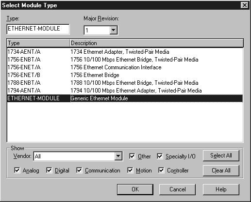 Select module type ETHERNET-MODULE (Generic Ethernet Module) to configure a RECOMM-ENET