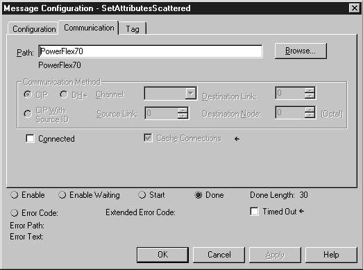 7.4.4 Set Attributes Scattered Message Example A Set Attributes Scattered message writes values to multiple attributes. In this example, we write the values of various parameters in an SP600 drive.