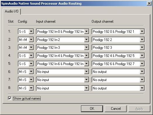 in drop-down Config combo-boxes for slots 1 and 2 respectively. Then select the input and output channels for these two slots according to your audio card specification.