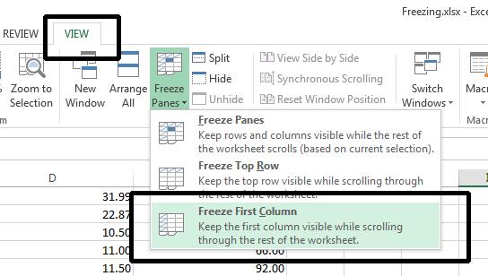 Excel 2013 Foundation Page 102 TIP: You can use the same technique to freeze the first column, so that when you scroll to the right it is always visible.