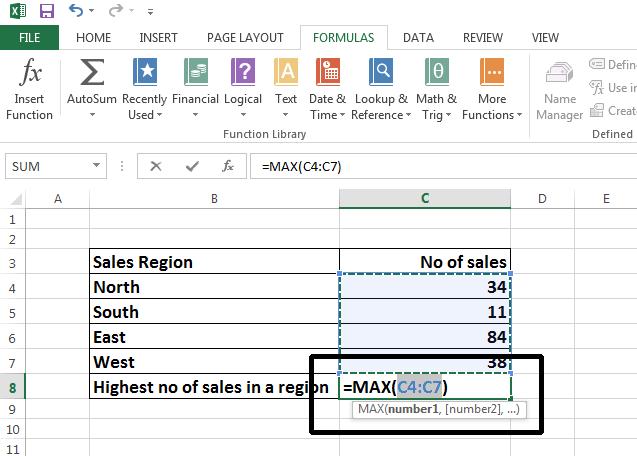 Excel 2013 Foundation Page 119 Press the Enter key and you will see the maximum value displayed in cell C8.